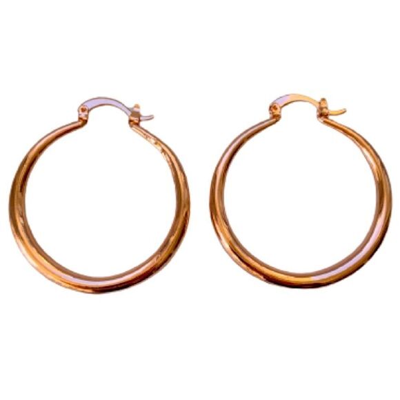 18K Rose Gold Plated Hoop Earrings Polished Large Round Tube Hoops Unisex Hoops - Picture 3 of 10
